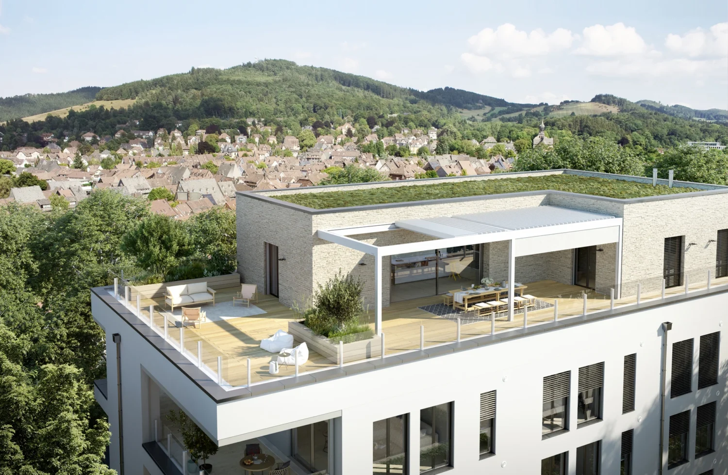 Moderner Dachgarten mit Blick auf eine idyllische Landschaft und eine Stadt im Hintergrund